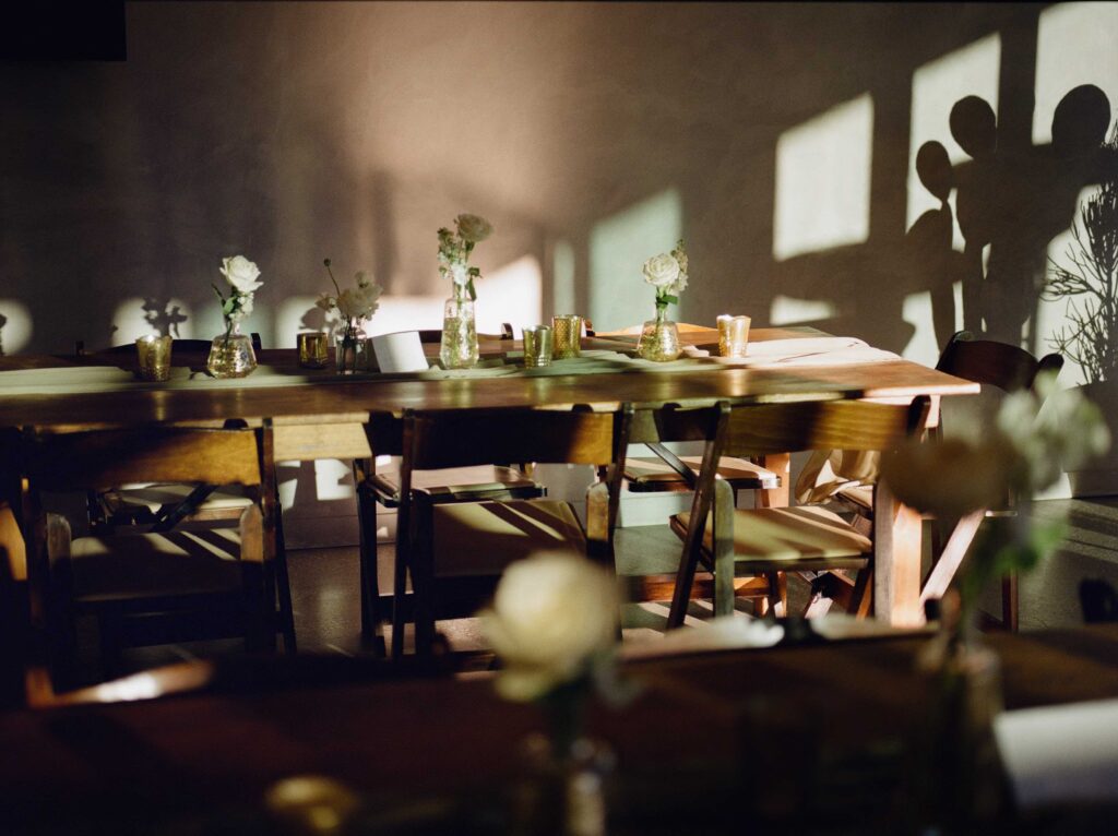 Film wedding photo of a winter wedding table setting in Zion National Park, Utah, with rustic decor.